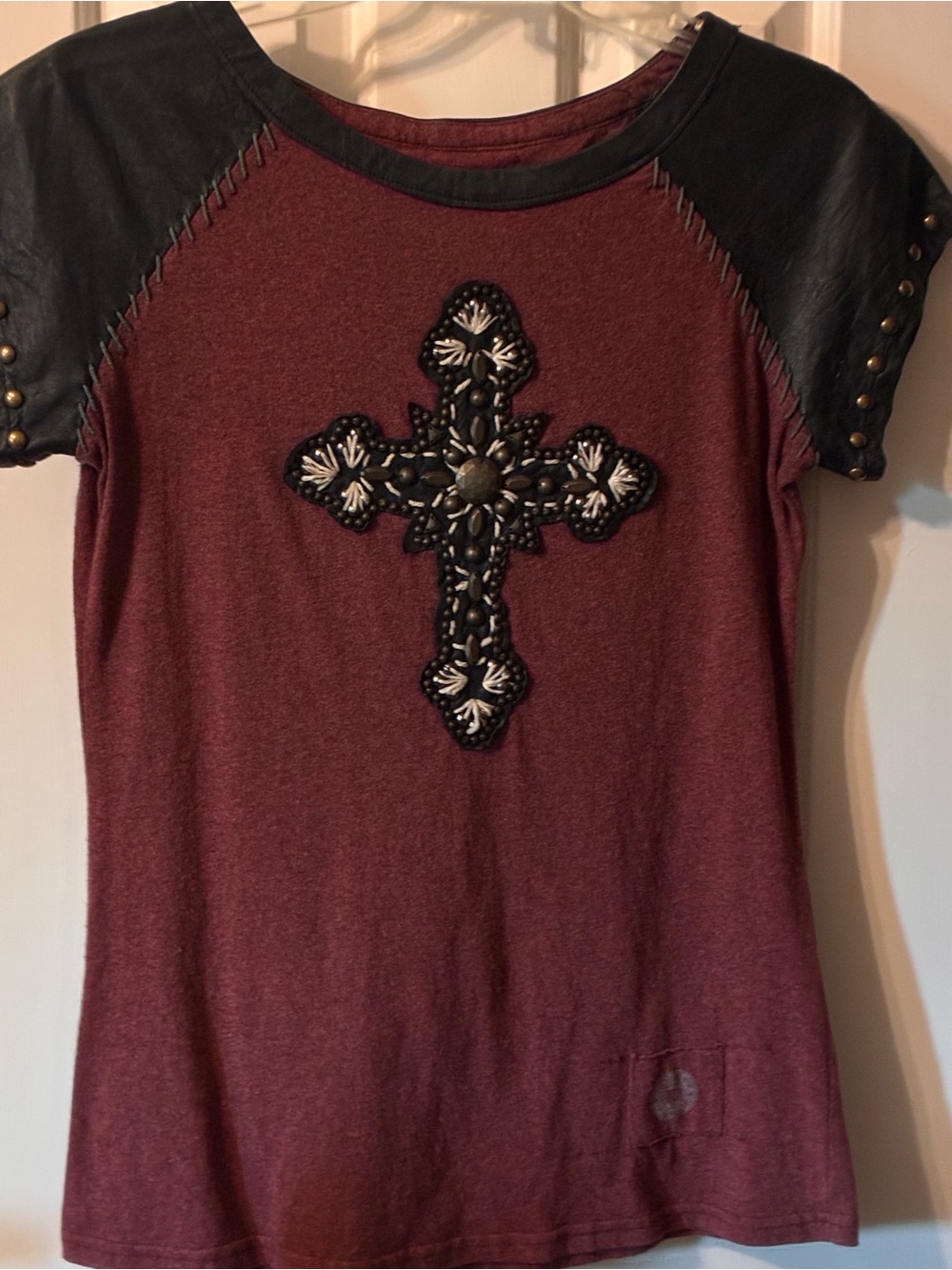 Double D Ranch Burgundy Tee with Black Faux Leather Sleeves and Cross Appliqué